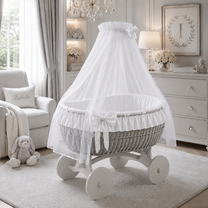 MJ Marks Ophelia Grey and White Wicker Crib with Drapes