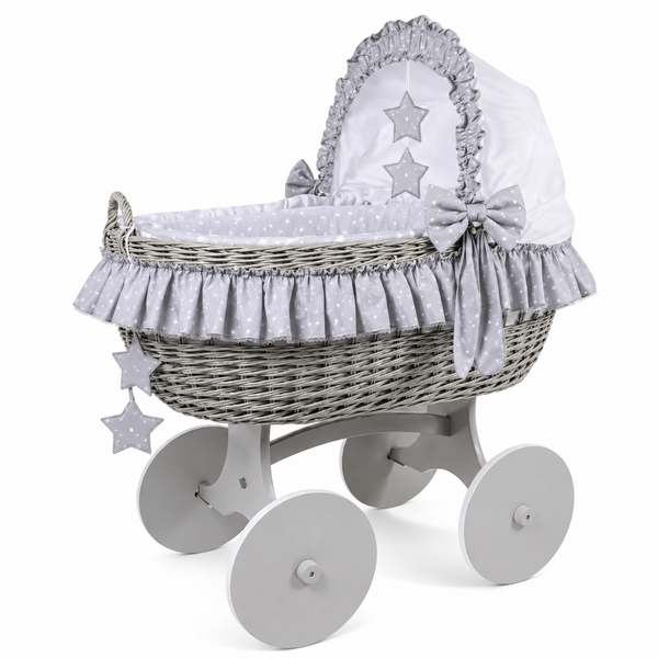 MJ Marks Cloud & Stars Grey Wicker Crib with Bedding