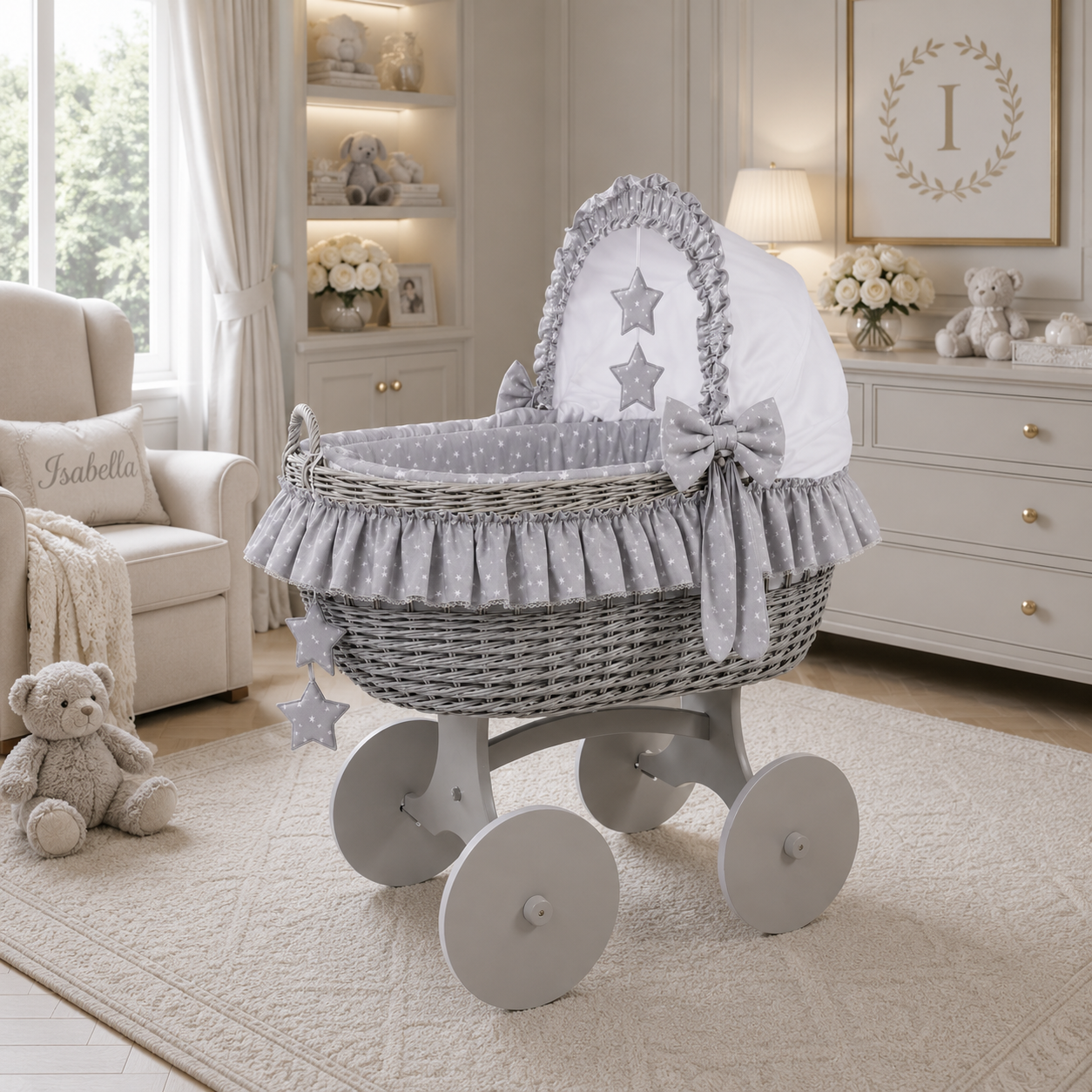 MJ Marks Cloud & Stars Grey Wicker Crib with Bedding