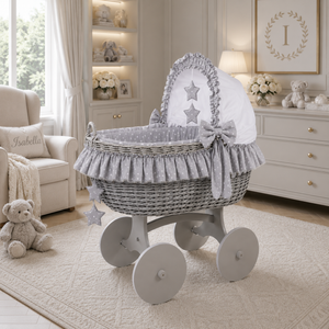 MJ Marks Cloud & Stars Grey Wicker Crib with Bedding