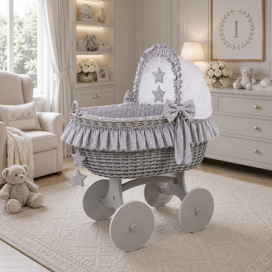 MJ Marks Cloud & Stars Grey Wicker Crib with Bedding