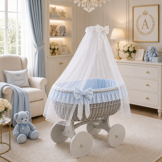 MJ Marks Ophelia Grey and Blue Wicker Crib with Drapes