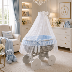 MJ Marks Ophelia Grey and Blue Wicker Crib with Drapes