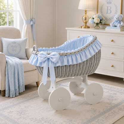 MJ Marks Bianca White Lace Wicker Rocking Crib with Bedding