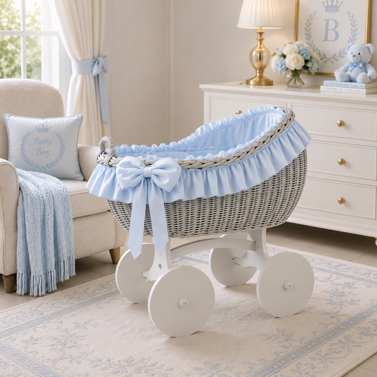 MJ Marks Bianca White Lace Wicker Rocking Crib with Bedding