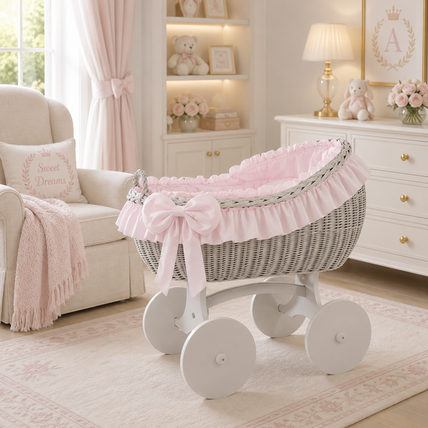 MJ Marks Bianca Pink and Grey Wicker Crib with Bedding