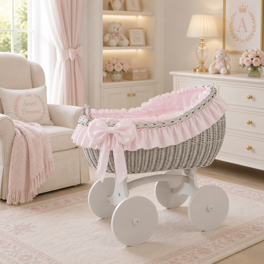 MJ Marks Bianca Pink and Grey Wicker Crib with Bedding
