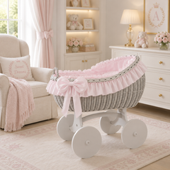 MJ Marks Bianca Pink and Grey Wicker Crib with Bedding