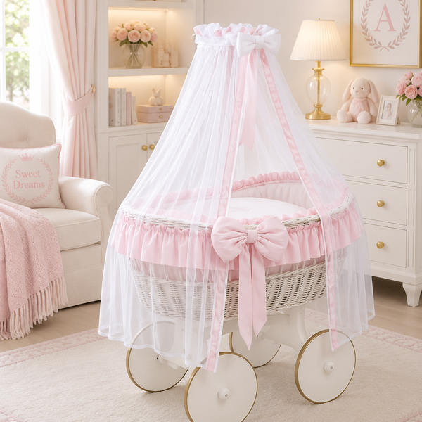 MJ Marks Ophelia White and Pink Wicker Crib with Drapes