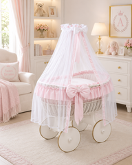 MJ Marks Ophelia White and Pink Wicker Crib with Drapes