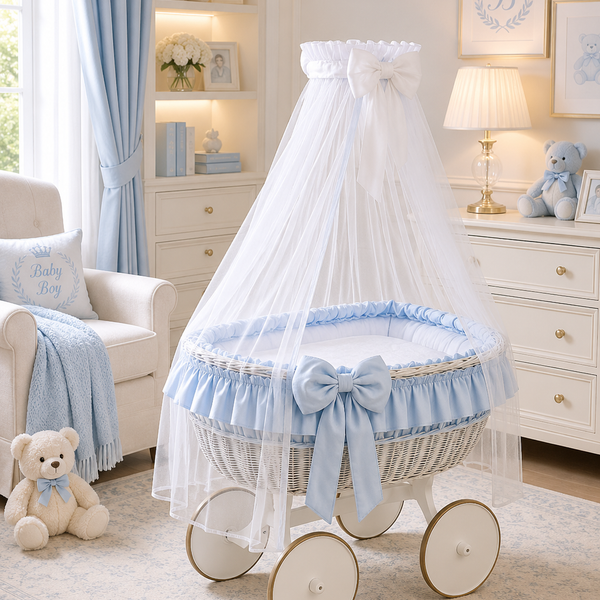 MJ Marks Ophelia White and Blue Wicker Crib with Drapes