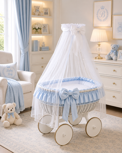 MJ Marks Ophelia White and Blue Wicker Crib with Drapes