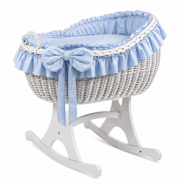 MJ Marks Bianca White Wicker Rocking Crib with Blue Bedding