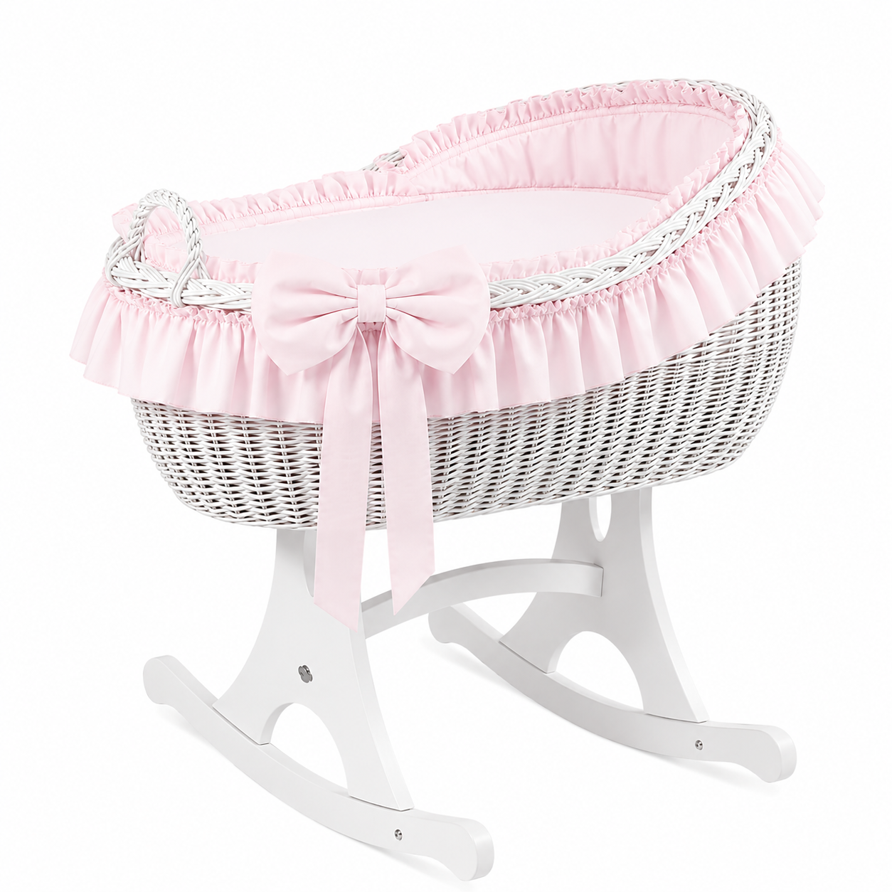 MJ Marks Bianca White Wicker Rocking Crib with Pink Bedding