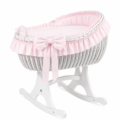 MJ Marks Bianca White Wicker Rocking Crib with Pink Bedding