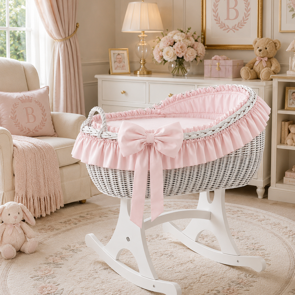 MJ Marks Bianca White Wicker Rocking Crib with Pink Bedding