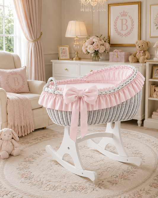 MJ Marks Bianca White Wicker Rocking Crib with Pink Bedding