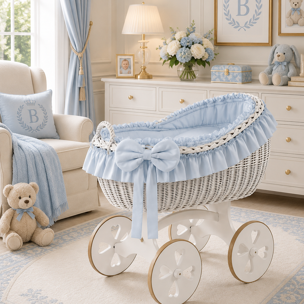 MJ Marks Bianca White and Blue Wicker Crib with Bedding - Heart Wheels
