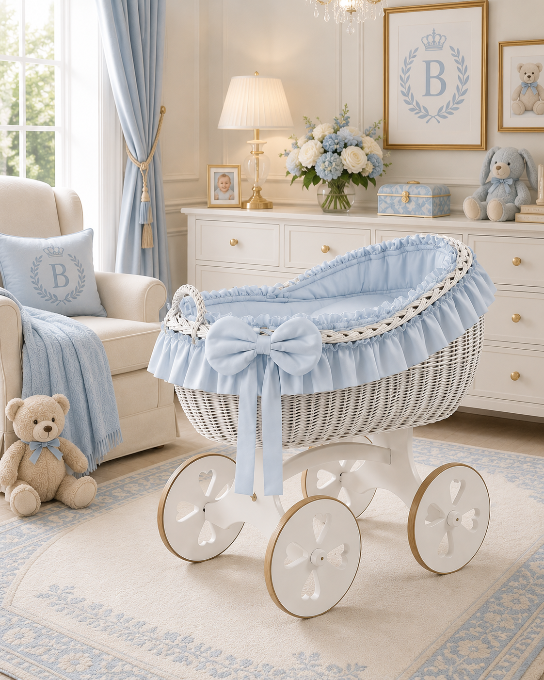 MJ Marks Bianca White and Blue Wicker Crib with Bedding - Heart Wheels