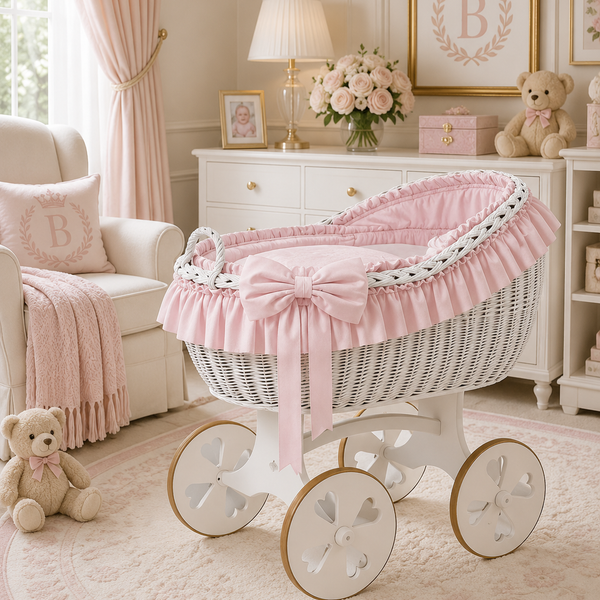 MJ Marks Bianca Pink and White Wicker Crib with Bedding - Heart Wheels