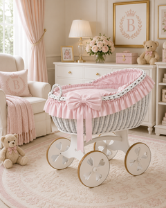 MJ Marks Bianca Pink and White Wicker Crib with Bedding - Heart Wheels