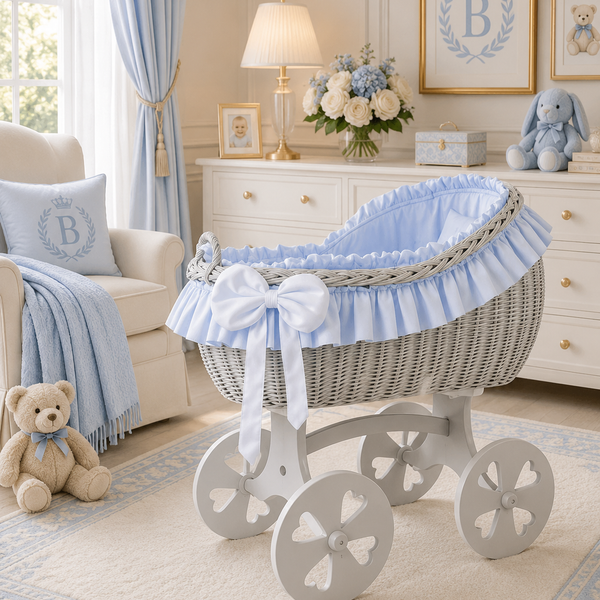 MJ Marks Bianca Grey and Blue Wicker Crib with Bedding - Heart Wheels
