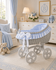 MJ Marks Bianca Grey and Blue Wicker Crib with Bedding - Heart Wheels