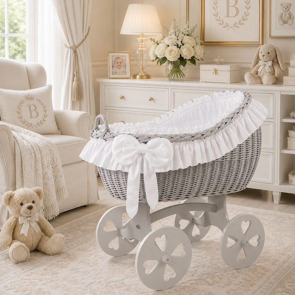 MJ Marks Bianca Grey and White Wicker Crib with Bedding - Heart Wheels