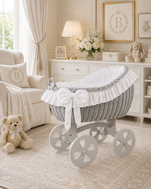 MJ Marks Bianca Grey and White Wicker Crib with Bedding - Heart Wheels