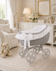 MJ Marks Bianca Grey and White Wicker Crib with Bedding - Heart Wheels