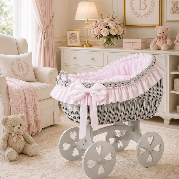 MJ Marks Bianca Grey and Pink Wicker Crib with Bedding - Heart Wheels