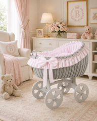 MJ Marks Bianca Grey and Pink Wicker Crib with Bedding - Heart Wheels