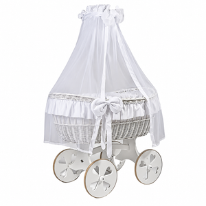MJ Marks Ophelia White and White Wicker Crib with Drapes - Heart Wheels