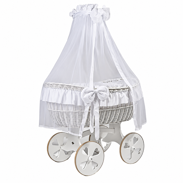 MJ Marks Ophelia White and White Wicker Crib with Drapes - Heart Wheels