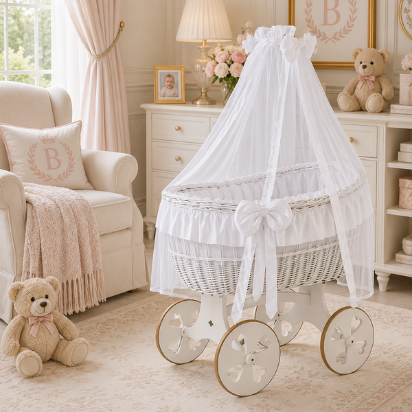 MJ Marks Ophelia White and White Wicker Crib with Drapes - Heart Wheels