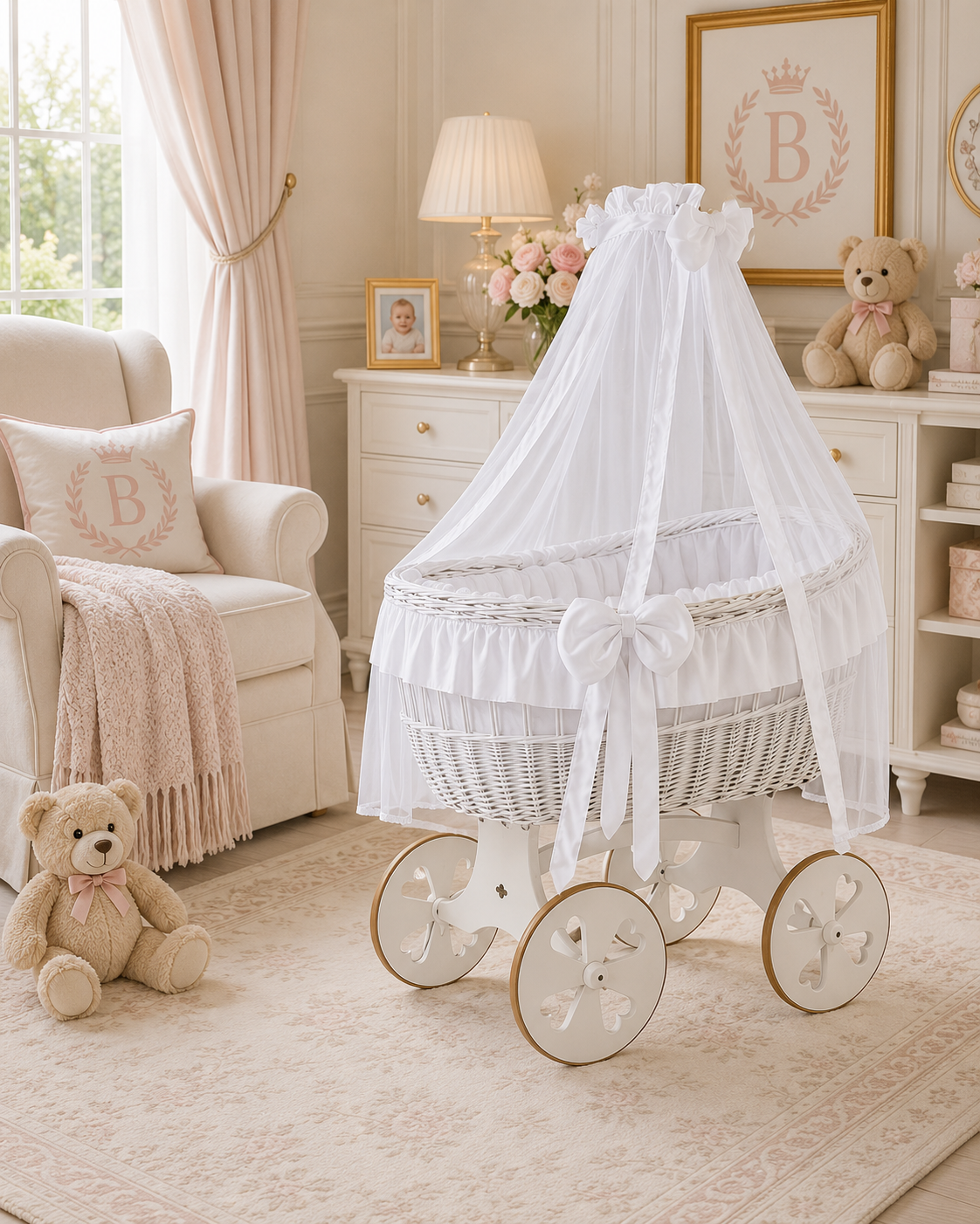 MJ Marks Ophelia White and White Wicker Crib with Drapes - Heart Wheels