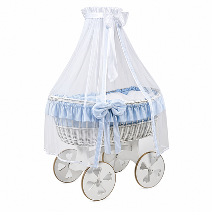 MJ Marks Ophelia White and Blue Wicker Crib with Drapes - Heart Wheels