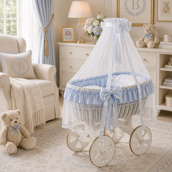 MJ Marks Ophelia White and Blue Wicker Crib with Drapes - Heart Wheels