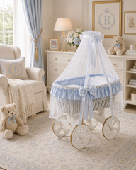 MJ Marks Ophelia White and Blue Wicker Crib with Drapes - Heart Wheels