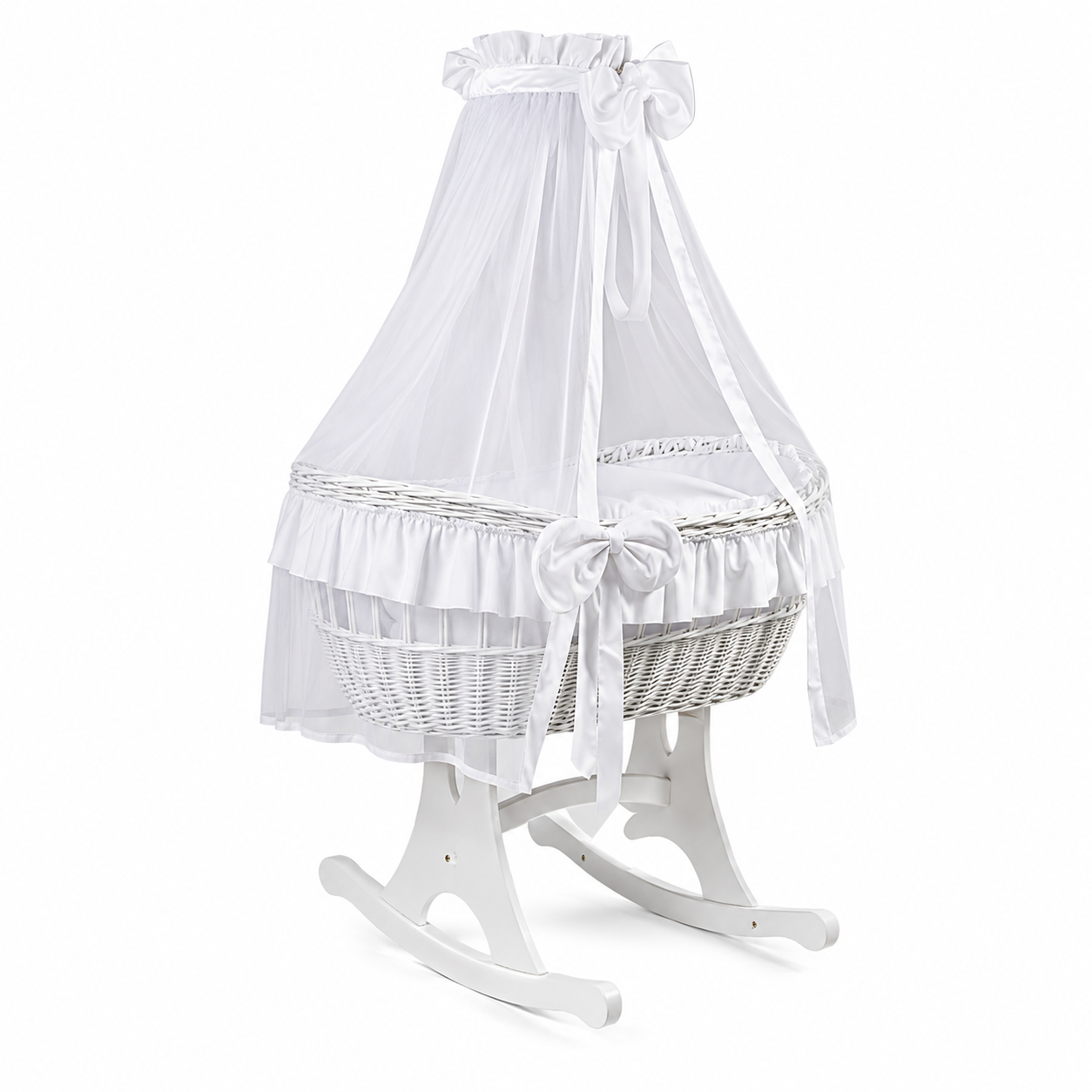 MJ Marks Ophelia Rocking Crib White Wicker Crib with Drapes
