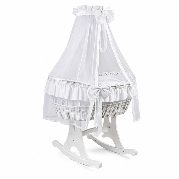 MJ Marks Ophelia Rocking Crib White Wicker Crib with Drapes