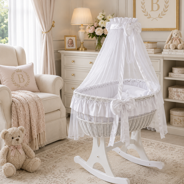 MJ Marks Ophelia Rocking Crib White Wicker Crib with Drapes