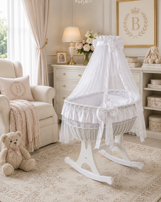 MJ Marks Ophelia Rocking Crib White Wicker Crib with Drapes