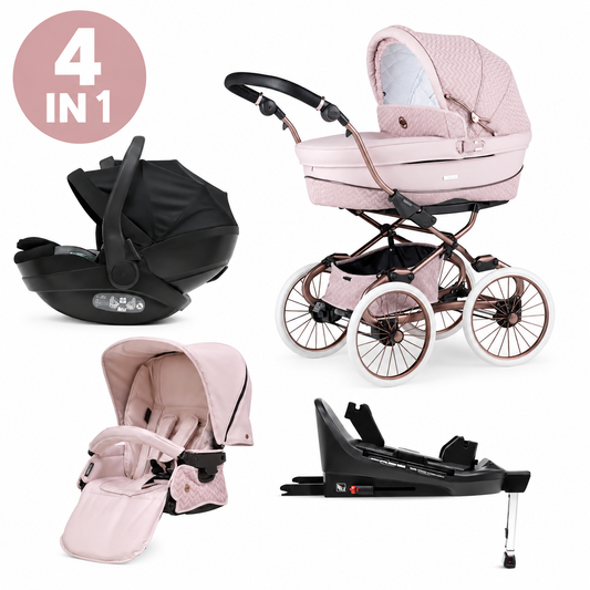 Bébécar Stylo Class Woven Pink 4 in 1 Travel System + Aurea Car Seat & 360 ISOFIX Base