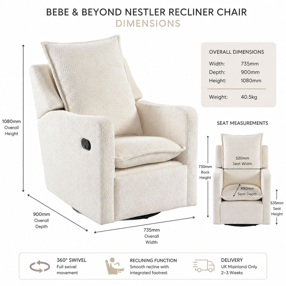 Bebe & Beyond Nestler Recliner Nursing Chair – Off White Bouclé