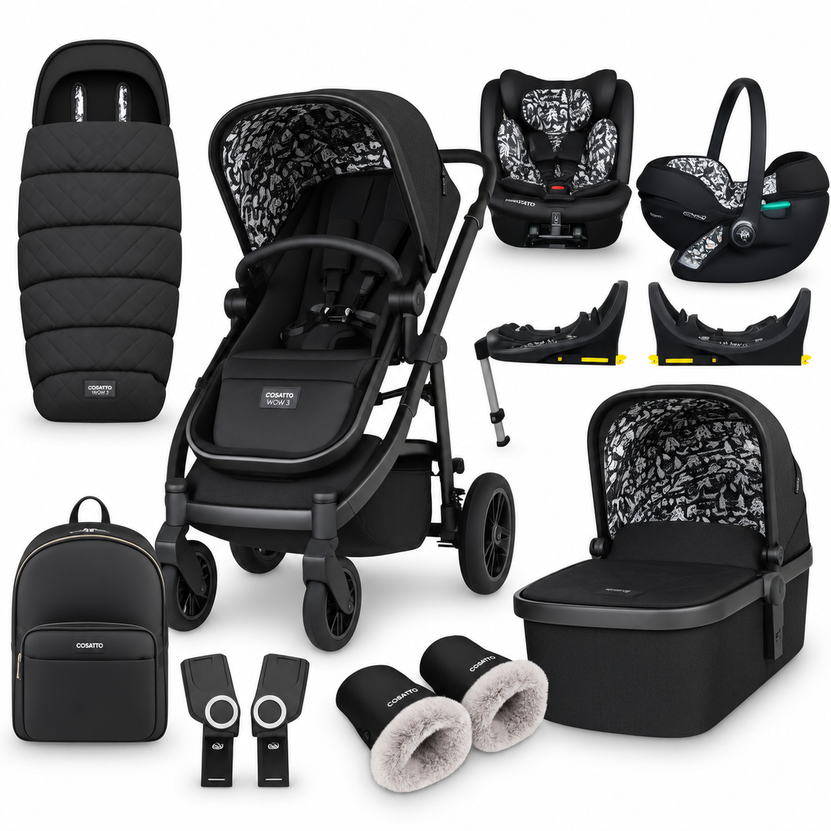 Cosatto Wow 3 All Stage Family Rotate & Recline 2 Base Bundle – Silhouette Black