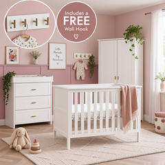 Obaby Evie Mini 3 Piece Nursery Room Set White + FREE Evie Wall Hook