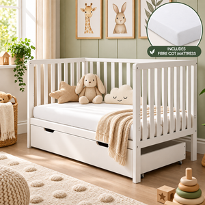 OBaby Bantam Cot Bed With Underbed Drawer & Fibre Mattress – White | Bundle Deal