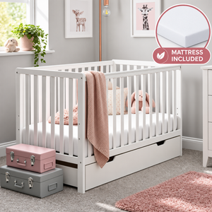 OBaby Bantam Cot With Underbed Drawer & Fibre Mattress – White | Bundle Deal