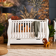 OBaby Stamford Luxe Sleigh Cot Bed - White with Under Bed Drawer